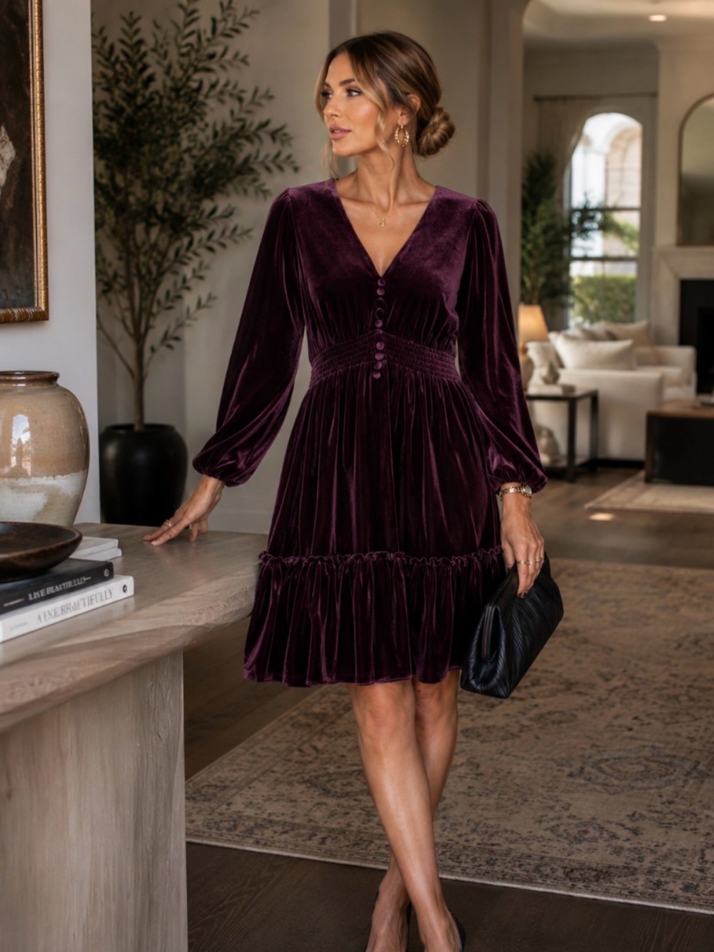 Taylor Velvet Burgundy Dress | Long Sleeve V-Neck Fit & Flare | Size 10